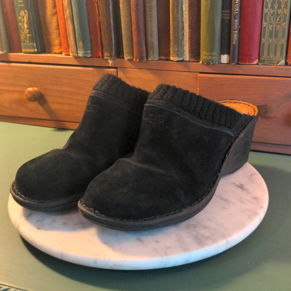 Women's UGG Black Suede Clogs - Sherpa Lined